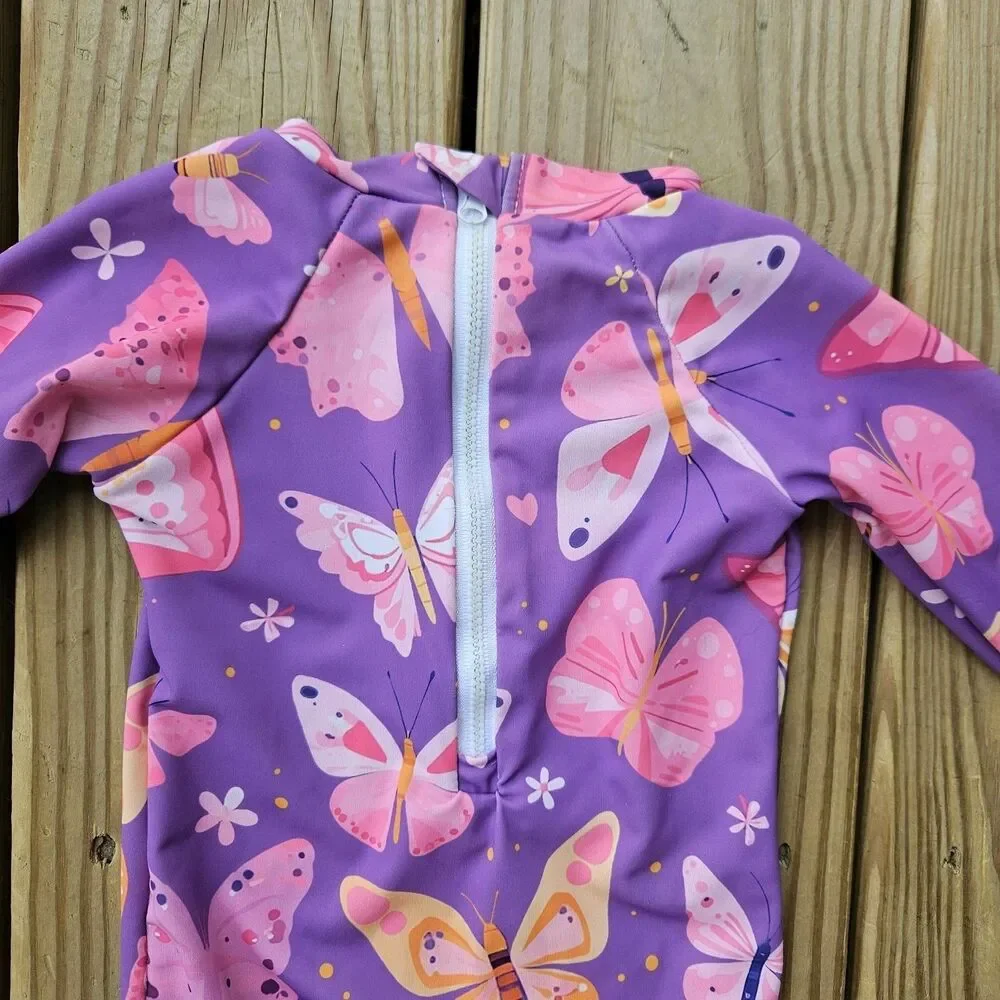 Baby Girl Butterfly Print One Piece Swimsuit & Hat Set 12-18M Ruffle Purple